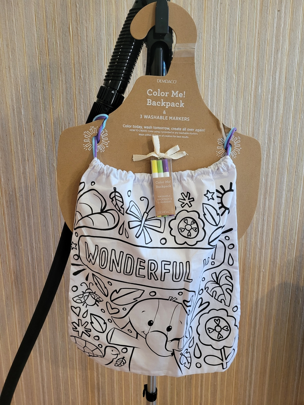 NWT Demdaco Kids White Drawstring Color-Me Backpack with Washable Markers